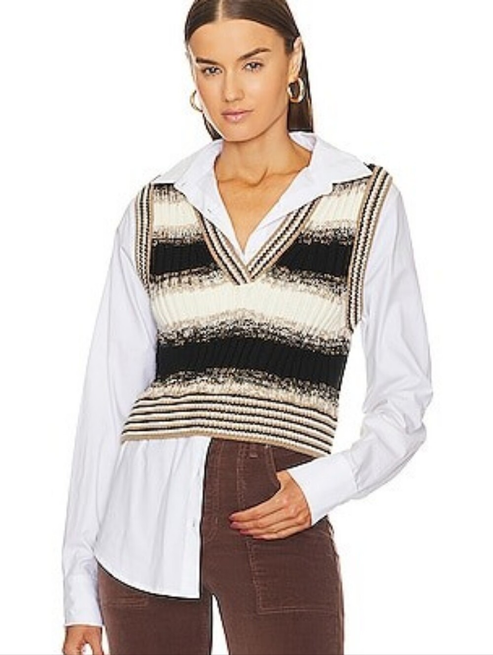 Veronica Beard Spear Mixed Media White Button Up with Wool Sweater Vest Size XS